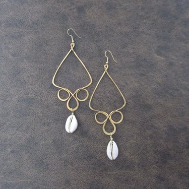 Huge hammered brass and cowrie shell earrings 