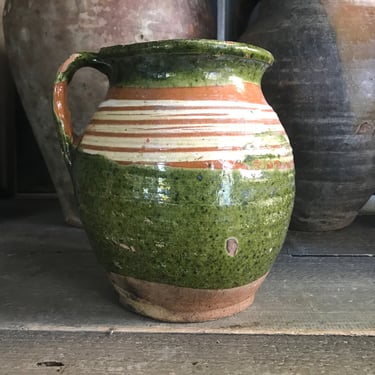 19th C Pottery Jug, Pitcher, Flower Vase, European Glazed Pottery Pitcher, Rustic Farmhouse, Farm Table 