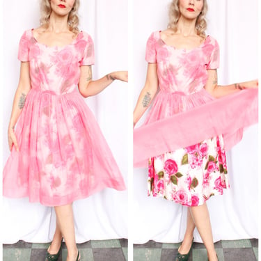 1950s Rose Print Party Dress - Medium 