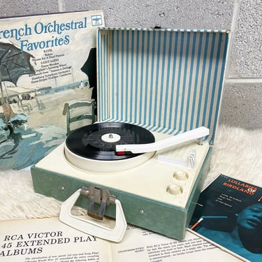 Vintage Record Player Retro 1980s ATCO + Model 154B + 33 and 45 RPM + Vinyl + Portable Turntable + Striped Case + Home Audio + Music Decor 