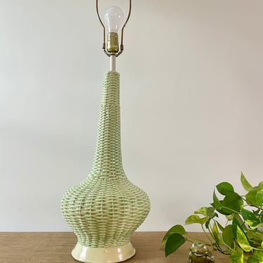 Vintage Ceramic Lamp - Pastel Green Wicker Ceramic Table Lamp - Tall Curvy Green Lamp 