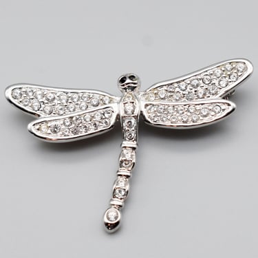 80's Swarovski rhodium plated crystal dragonfly brooch, abstract winged insect retired designer bling pin 