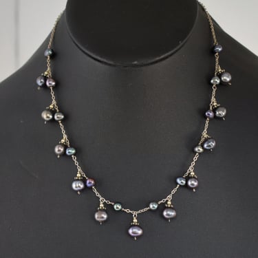 70's sterling peacock pearls Byzantine bib necklace, elegant beaded 925 silver potato pearl dangles choker 