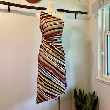 BCBG Multi Colored Striped Stretch One Shoulder Fitted Knee Length Dress Size M 