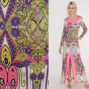 60s 70s Hippie Dress Psychedelic Floral Maxi Dress 1970s Hot Pink Lime Green Dress Boho Long Sleeve High Slit Bohemian Vintage Small xs 