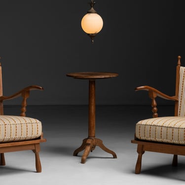 Carved Oak Armchairs in Christopher Farr Fabric / Ribbed Pendant(s)