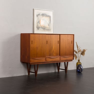 Mid-century  teak highboard with bar cabinet, teak credenza in Kurt Ostervig style, Denmark, 1960s 