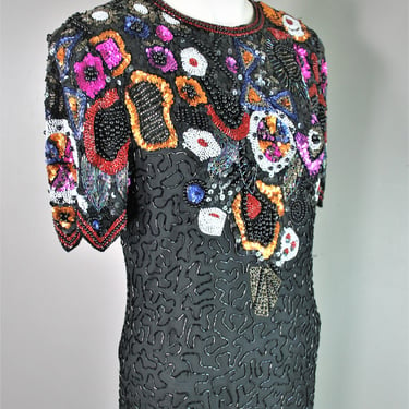 New York, New York - Beading on black silk - Cocktail Dress - Trophy - Sparkle - by Avani Evening - Marked size S 4/6 
