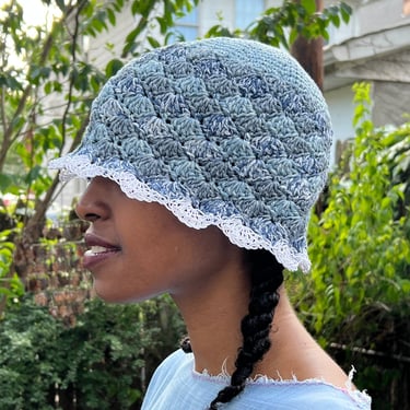 The Waves Bucket Hat in Acid Wash Blue/Cotton Hemp Crochet Bucket Hat/Crochet Bucket Hat with White Hemp Cord Contrast Row/Ready to Ship 