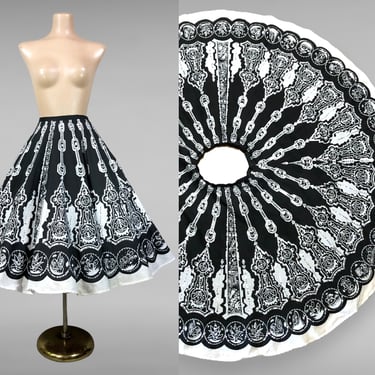 VINTAGE 90s Y2K Retro 50s Black and White Tribal Print Circle Skirt 28" Waist | 1990s Sequin Full Swing Mexican Skirt | VFG 