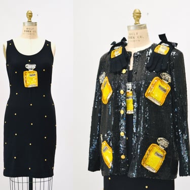 90s Vintage Black Sequin Dress Size Medium Jeanette for St Martin With No5 Perfume Bottle 90s POp art Studded Black Tank knit Dress Medium 