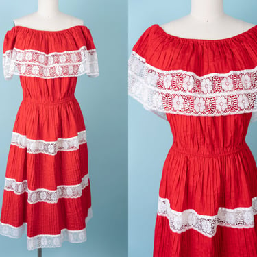 Gorgeous 70s/80s True Red Cotton Pintuck Mexican Dress with Lace Panels and Trim and On or Off Shoulder Ruffle Top 
