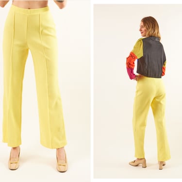 Vintage 1970s 70s Textured Lemon Yellow High Waisted Elasticated Wide Leg Flared Pants Trousers 