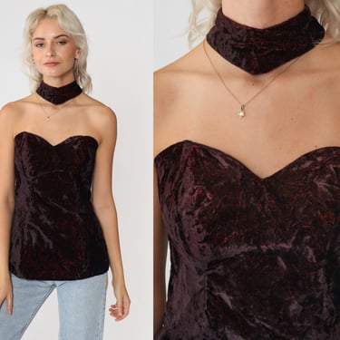 Metallic Velvet Top 90s Choker Neck Blouse Strapless Sweetheart Sparkly Plum Shirt Glitter Top Party Glam Going Out Vintage 1990s Small S 