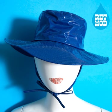 DEADSTOCK Incredible Mod Vintage 60s 70s Dark Blue Rain Brim Hat with Chin Strap 
