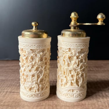 Faux Ivory Salt Shaker and Pepper Grinder Set - Beautiful Carved Resin for Kitchen Decor and Table Use 