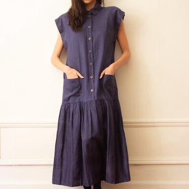 1980s Linen Drop Waist Shirt Dress 