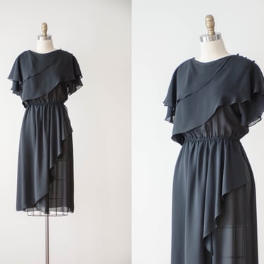 sheer black dress | 70s 80s vintage black chiffon see through flutter sleeve knee length dress 