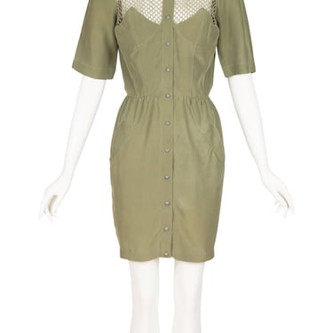 Thierry Mugler 1990s Vintage Army Green Silk Fishnet Yoke Collared Dress Sz XS 