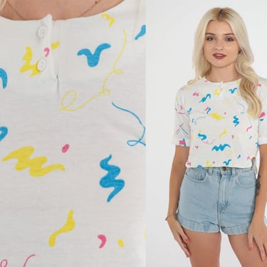80s Crop Top Henley Tee Abstract Confetti Print T-Shirt Retro Short Sleeve Button up Cropped Shirt Summer White Vintage 1980s Extra Small xs 
