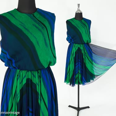 1950s Blue Green Silk Chiffon Dress | 50 Sleeveless Green & Blue Dress | I Magnin | Medium 