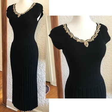 Scrumptious Vintage 1950's  Black Knit Wiggle Dress with Gold  Embroidery, pearl and  rhinestone  accents! Size Small/ Medium 