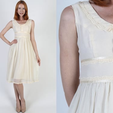 Cream Prairie Wedding Midi Dress, Vintage 70s Sheer Floral Lace Bridal Outfit, Simple Bridesmaids Summer Sundress 