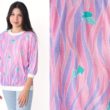 80s Abstract Top Pink Purple Slouchy Shirt 3/4 Sleeve Blouse Crewneck Shirt Wavy Striped Slouch 1980s Retro Ringer Tee Vintage Large 
