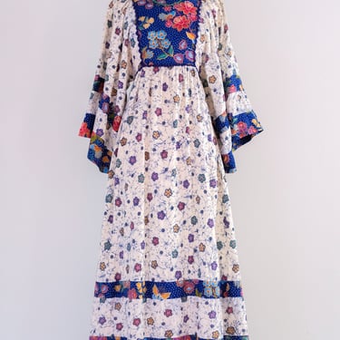 Ethereal 1970's Blooming Batik Printed Cotton Gown By Young Innocent / Sz XS/S