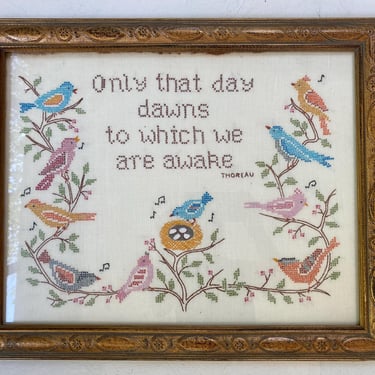 Vintage Thoreau Bird Stitchery, Cross Stitch, Hand Stitched, Birds, Day Dawns To Which We are Awake, Framed Fiber Art 