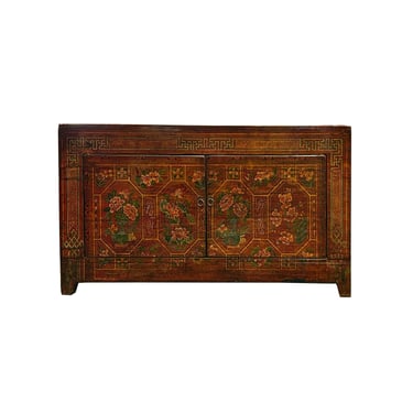 Vintage Chinese Orange Red Brown Floral Graphic Credenza Sideboard Cabinet ws4314E 