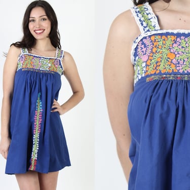 Blue Cotton Heavily Embroidered Oaxacan Tank Dress From Mexico 