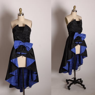 1980s Black and Blue Asymmetrical Strapless High Cut Front Hostess Overskirt Formal Cocktail Dress 