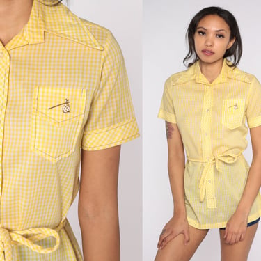 Yellow Gingham Shirt 70s Plaid Blouse Embroidered Hobo Bindle Top Short Sleeve Button Up White 1970s Vintage Checkered Shirt Bum Small S 