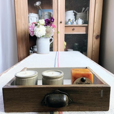 Beautiful rustic vintage French wood drawer with metal pull shell 