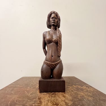 1940s Folk Art Wood Sculpture of Woman in Bikini - Signed L. Hernandez - Vintage Art Sculptures - Rare Artwork - Mid Century - Outsider 