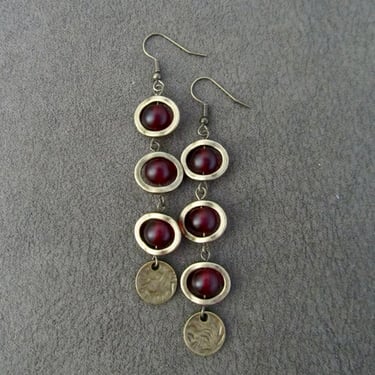 Long bohemian red frosted glass and bronze earrings 