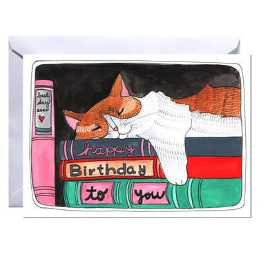 Sleepy Librarian Cat Birthday Card