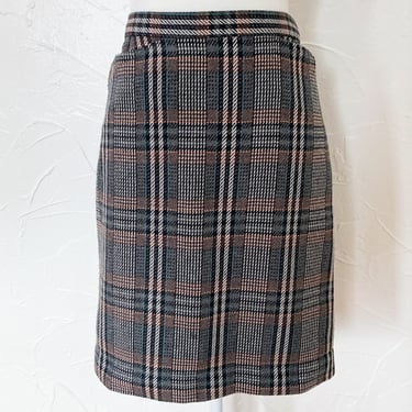 80s/90s Gray Brown Black Plaid Knee Length Skirt | Small/27" Waist 