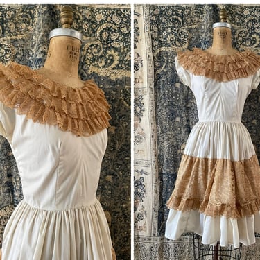 Vintage 1960’s Bettina of Miami patio dress | Easter parade dress, cream with golden lace & metallic ric rac, XS/S 