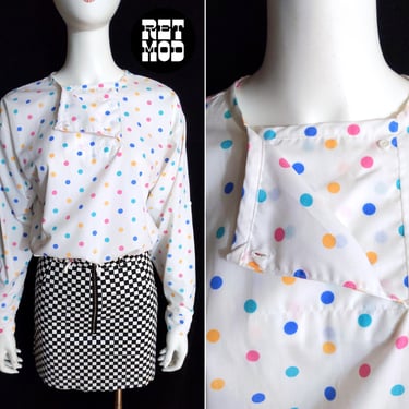Cute Vintage 80s White & Pastel Colors Polka Dot Cotton Top with Unique Top Button Front and Cinch Bottom 