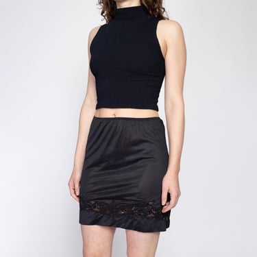 Medium 70s Black Mini Skirt Slip | Vintage Lace Panel Lingerie Miniskirt 