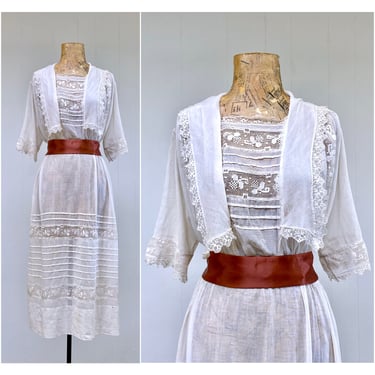 Antique Edwardian Tea Dress, 1910s Semi-Sheer Cotton Lawn Filet Lace Garden Party, Summer Wedding, Small 34" Bust 26" Waist 