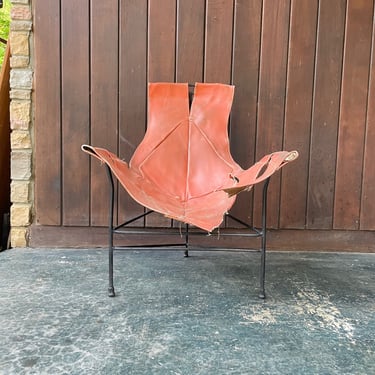 1950s Jerry Johnson Iron Rod Leather Sling Chair Vintage Mid-Century Modern 