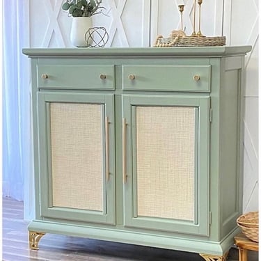 Beautiful Sage Green Cabinet Entry Table Storage Rattan Decorated Doors Buffet Cabinet Sideboard Cupboard 