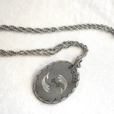 1970s Pisces Pewter Pendant and Chain Necklace 