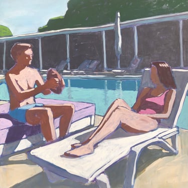 Pool #119 - Original Acrylic Painting on Canvas 30 x 30, large, people, water, michael van, summer, fine art, woman, bathing, large 