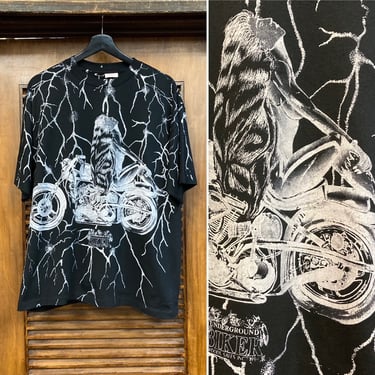 Vintage 1990’s Lady and Motorcycle All Over Print MC Cotton T Shirt, 90’s Graphic Tee Shirt, 90’s Biker Tee, 90’s T Shirt, Vintage Clothing 