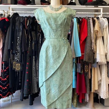 vintage 1950s sea foam green brocade wiggle dress 50s cocktail formal med maisel 