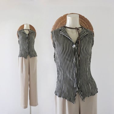 stripe button top - XS - womens vintage 90s y2k black beige striped minimal sleeveless cropped shirt blouse 